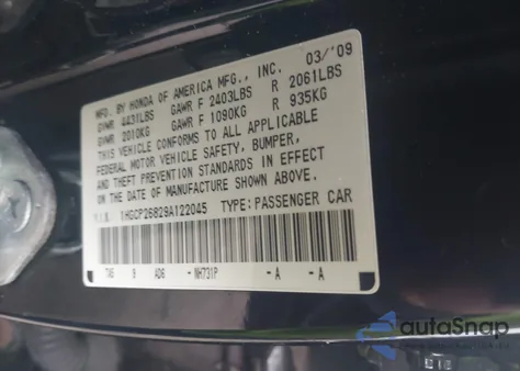 2009 Honda Accord 2.4 Ex-L from USA, damaged, VIN 1HGCP26829A122045